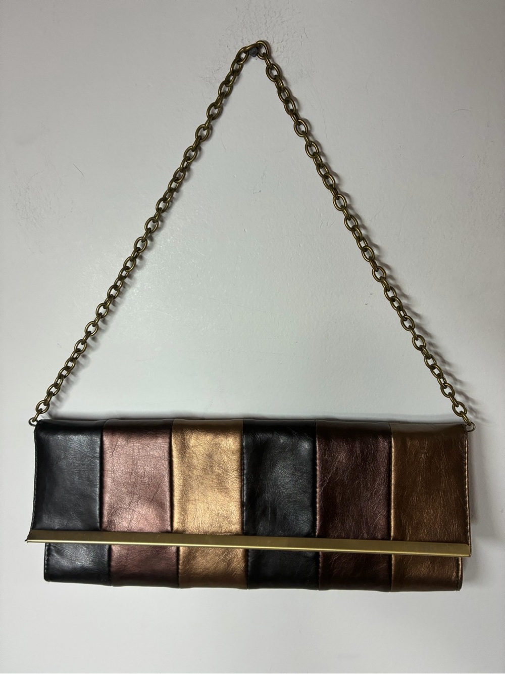 Striped Metallic Leather Shoulder Clutch - Black, Gold, Brown, Rose